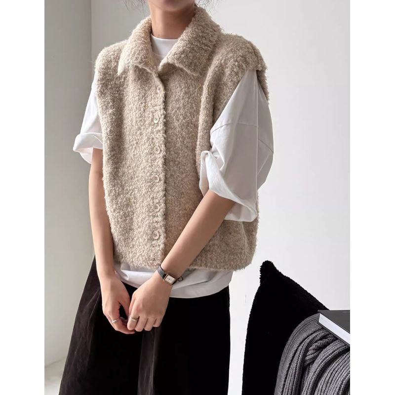オープンカラーフロントボタンニットベスト 202259