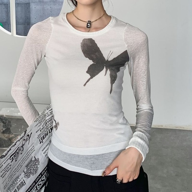 Monotone butterfly print sheer tops　V0748