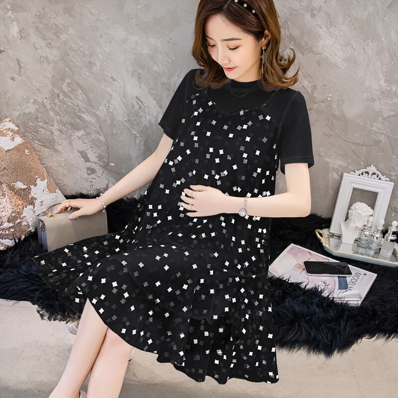 【新作】【送料無料】 新しいファッションスクエアシフォンルーズAラインミドル丈プラスサイズのマタニティドレスのマタニティウェア2019夏バージョン-アリババ 大きめサイズ サマー 夏物 スクウェア expec293911465710