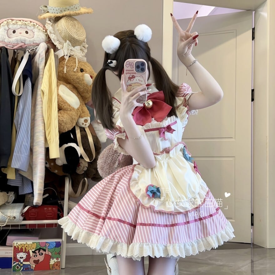 量産型 メイドワンピース ピンクストライプ フリルリボン｜WithU