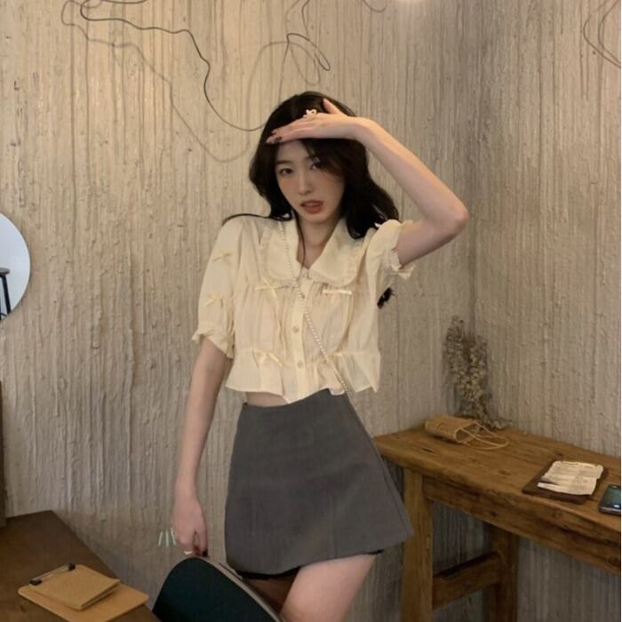 レースカラースタンダードスリーブトップス サマー薄手 レトロ 夏物 ドラファッションホール56349863891