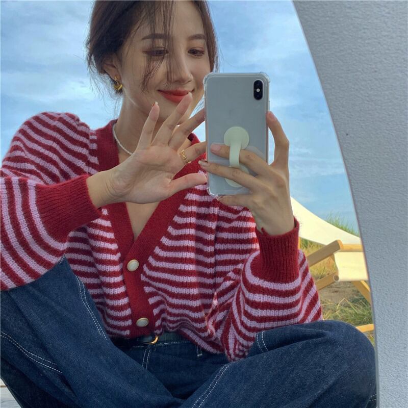 セーター レディースルーズスタンダードVネックストライプトップス スプリングカーディガンジャケット レトロ 春物 ブラックストロベリース4561411551