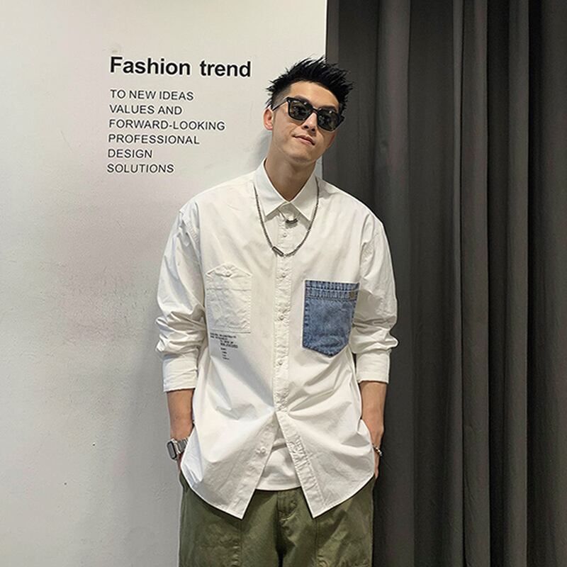 ポケットシャツ スプリングオータムスタイル ロング ストリート かわいい 春物 秋物 ステッチ Xu_Tailang62594366786