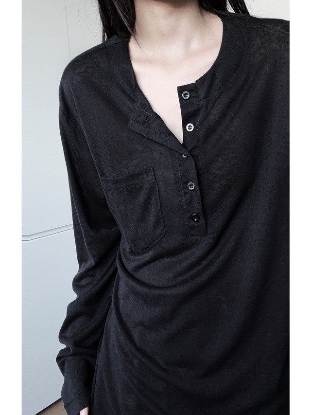 Henley neck pocket detailed loose long T-shirt [T2958]