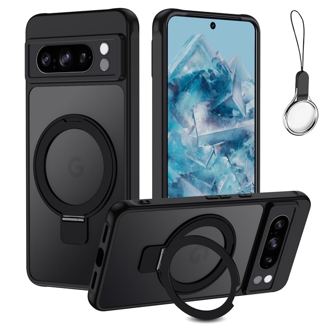 Google Pixel 7 Pro 用 ケース 【 Magsafeリングスタンド ホルダー 一体型】グーグル ピクセル7 プロ カバー スタンド機能 縦横両対応 HILEGENER 耐衝撃 半透明 マット感 隠しスタンド ワイアレス充電 ストラップホール付き ブラック