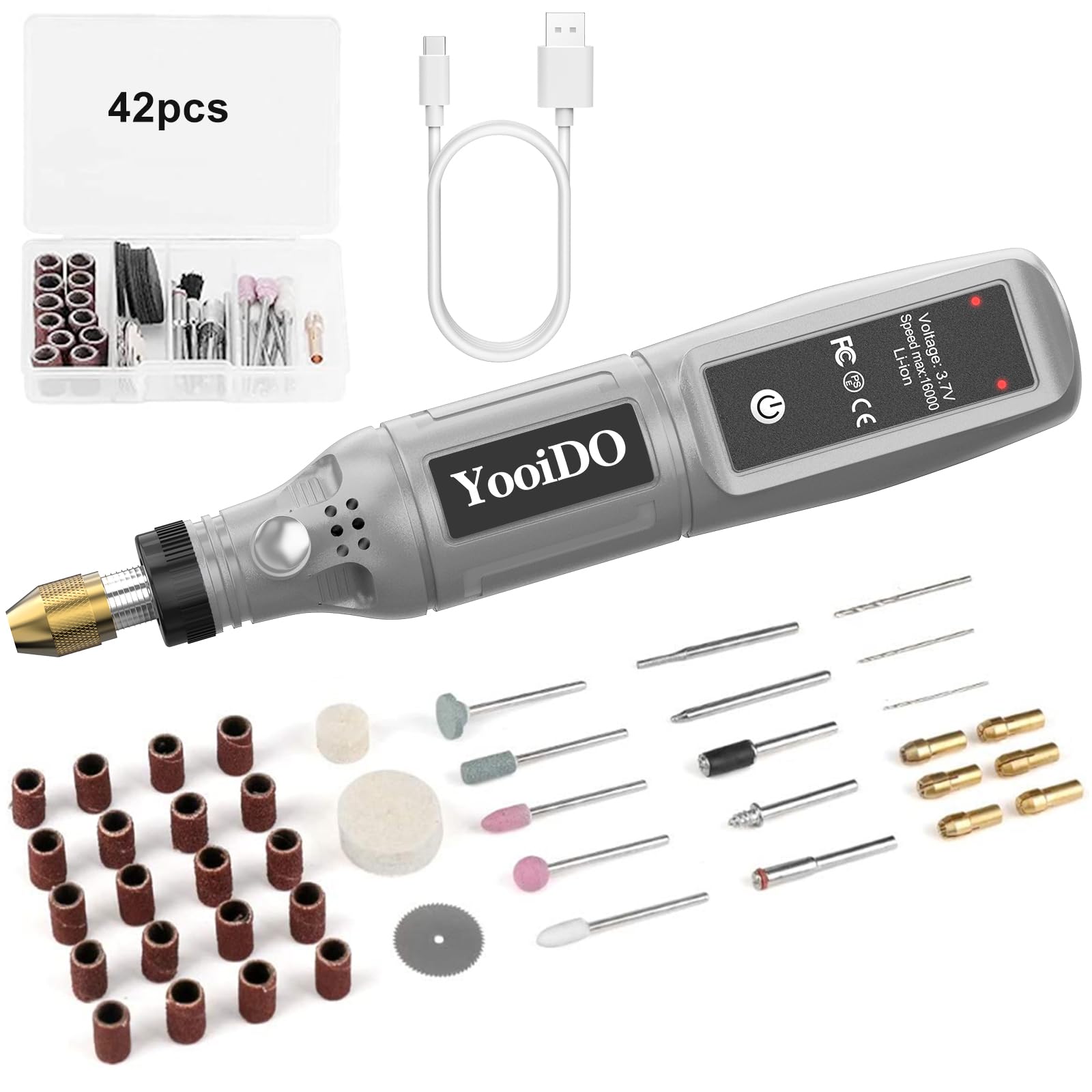 【努力特価】ミニルーター リューター コンパクトルーター 42PCSセットYooiDO ルーター工具16000RPM高速回転 USB充電式 コードレス 研磨/彫刻/切削/穴あけ/汚れ落とし/錆落とし/切断/つや出し/ネイルアート DIY軽作業 ミニ工具セット 電動ルーター 充電式りゅーたー(グレー)