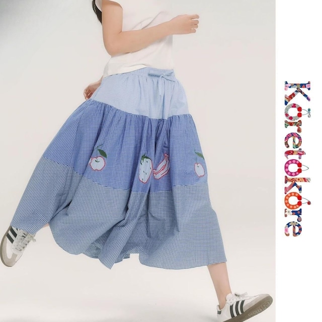 Gingham Fruit Tiered Blue Skirt A1172