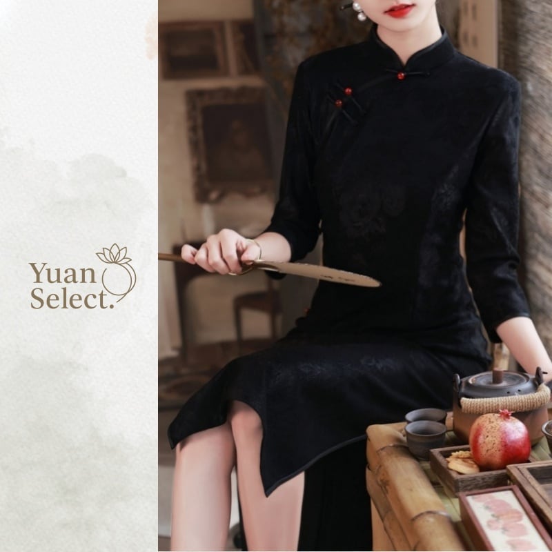 黒地花文様　旗袍ロングワンピース　YS00099