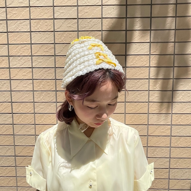 VINTAGE yellow white ribbon straw hat