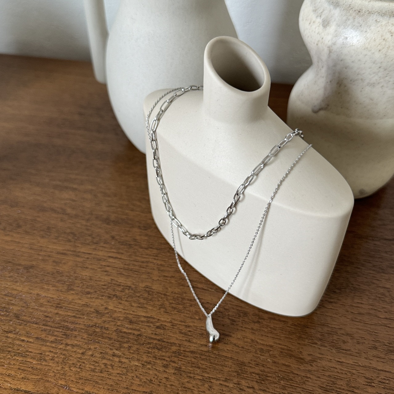 double chain motif necklace/silver