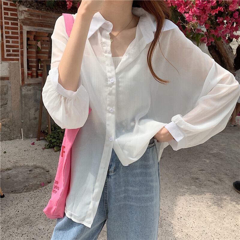 ホワイトシフォンシャツ サマー薄手 ロング 夏物 YY-ファッション27012295546