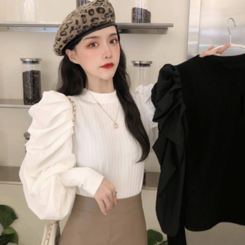 カットソー ボリュームスリーブ レディース 韓国 ファッション パフショルダー 長袖 トップス 袖コンシャス ガーリーニット 大人カジュアル 白 黒 おしゃれ かわいい カットソー フェミニントップス