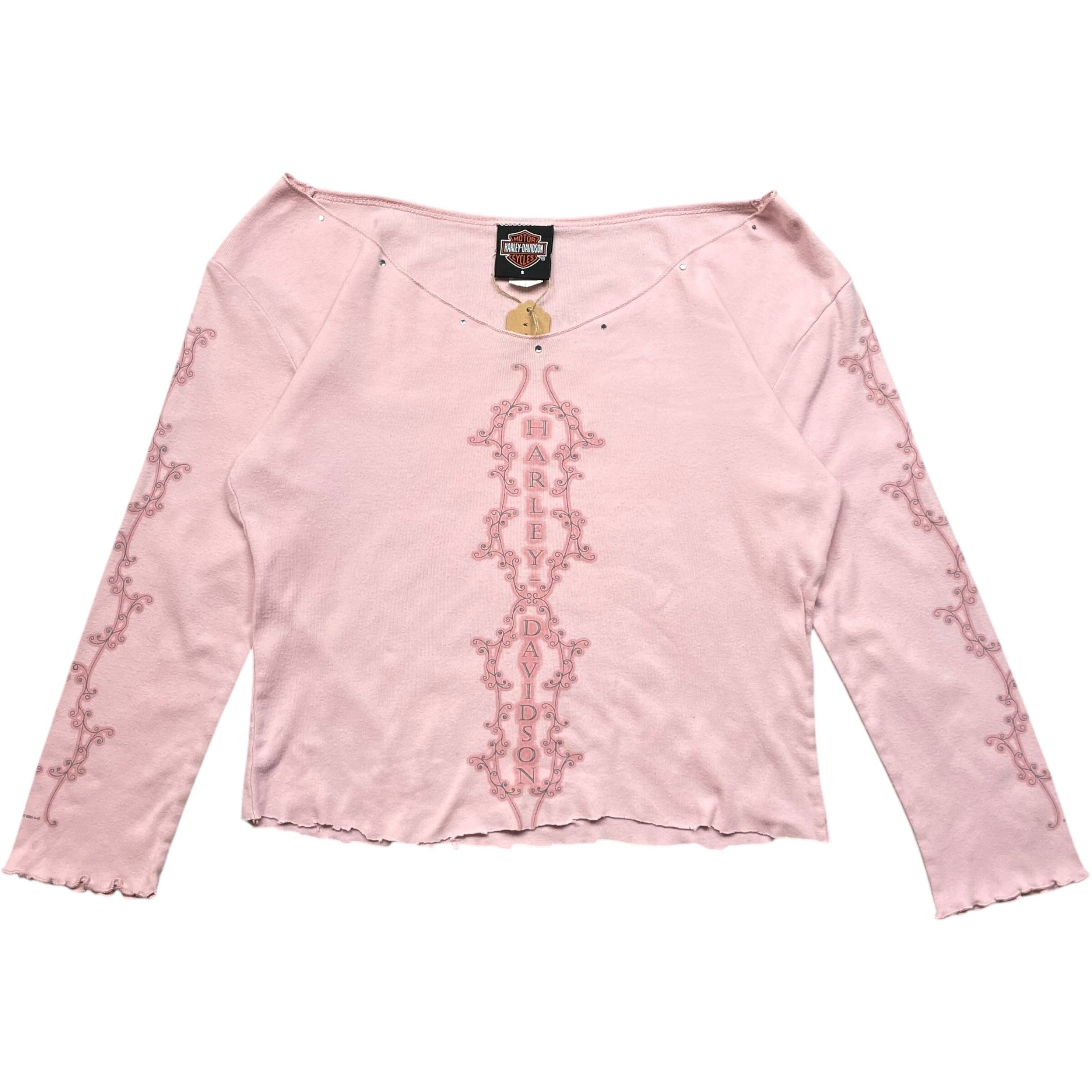 《レディースS》Harley-Davidson ハーレーダビッドソン ロングTシャツ ボートネック 袖プリント 切りっぱなし ロゴ 両面プリント ピンク USA製 no.8420