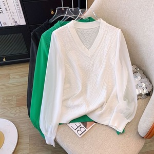 SOLID V-NECK LONG SLEEVES DESIGN PULLOVER TOP 3colors M-8717