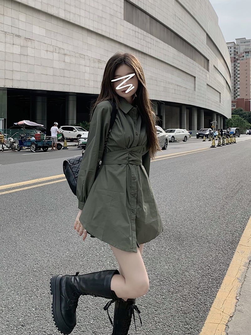 オータムシャツ ドレス グリーンウェストショーツ ロング 秋物 ブルマー モンロー71471682092