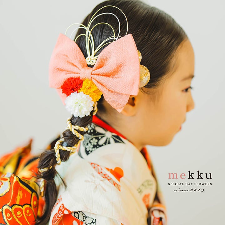 即納】七五三 髪飾り ちりめんリボン 水引 造花【5色】マゼンダ