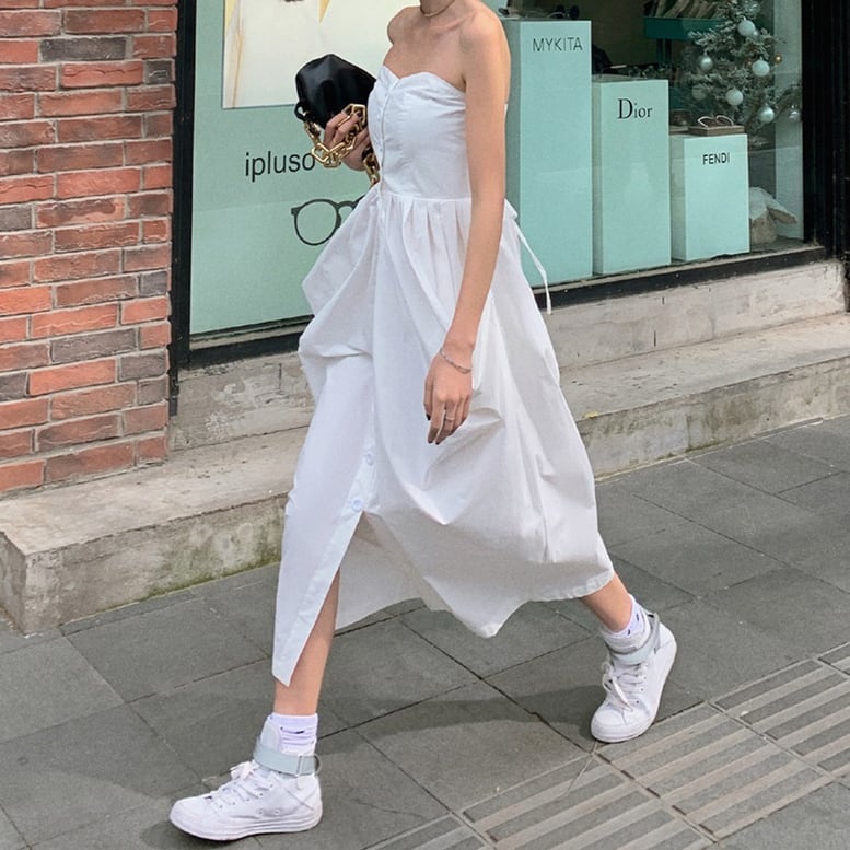 ベアトップドレス】リゾート ロングワンピース デコルテ映え タイト