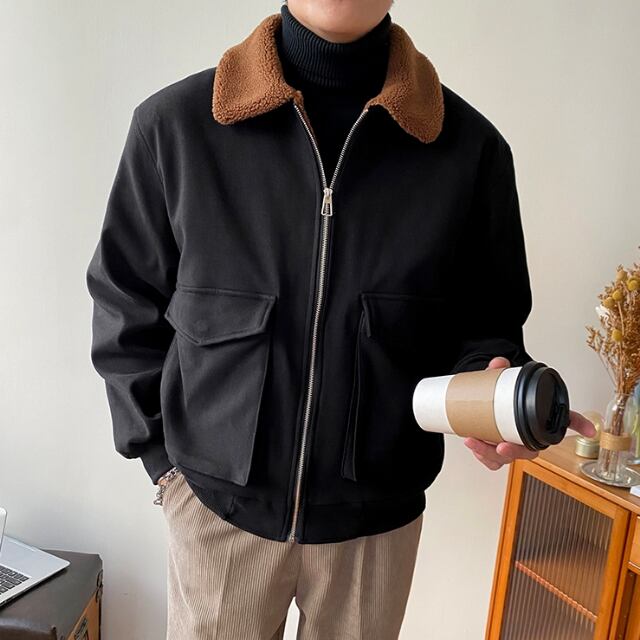 【予約販売】フライトジャケット ブルゾン アウター ジップアップ 無地 裏ボア ブラウン ブラック ジャケット ショート丈 メンズ カジュアル 男前 こなれ感 お洒落 韓国 トレンド 秋 冬 M/L/XL/2XL