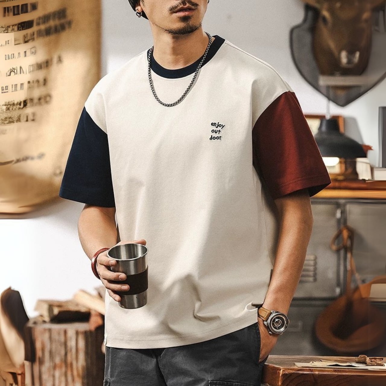 配色切り替えデザイン ラグランスリーブ クルーネックTシャツ 00386