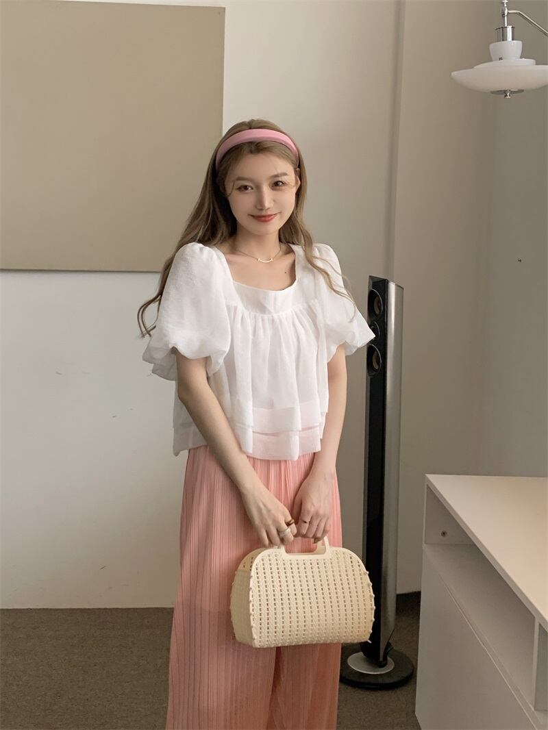 シフォンシャツ ルーズスリーブホワイトサマー薄手 夏物 ブラックストロベリース67704611577