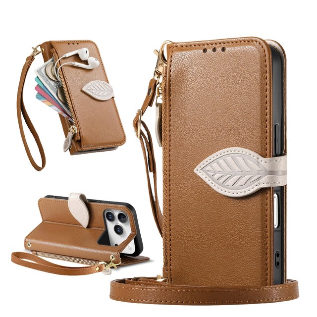 iCarez 用の iPhone 17 Pro Max ケース 手帳型 レザー ショルダー 肩掛け スマホケース 6.9インチ対応 ブラウン