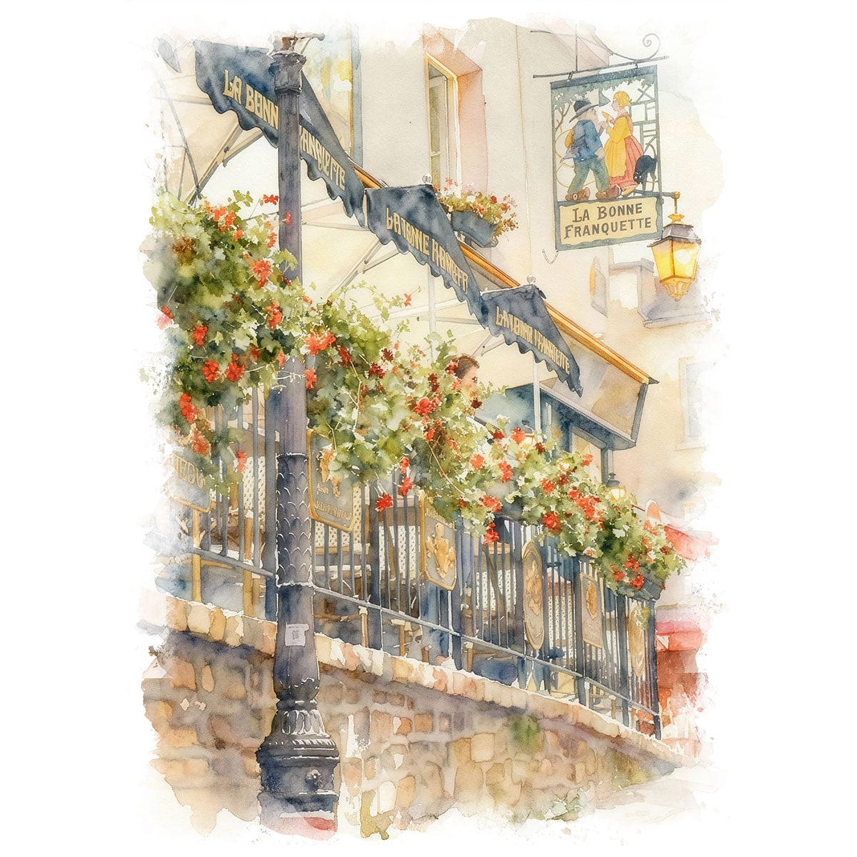 絵画 フランス パリのレンガ通り沿いにあるレストランの風景 インテリアアート額付き 水彩画・油絵風 WAT0021