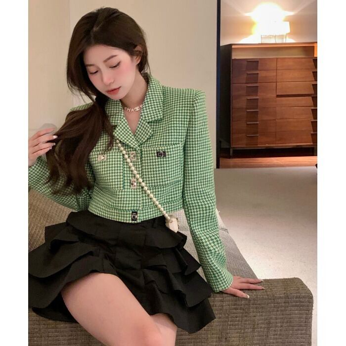 スタイルスタンダードショートグリーンジャケット オータムルーズ レトロ ストリート 秋物 ガールズファッション95486743795