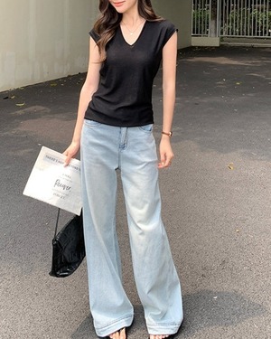 VネックフレンチスリーブTシャツ 4color A0990
