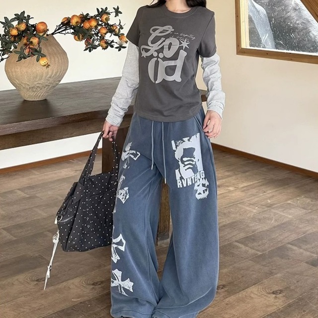 グラフィックプリントボーダースリーブドッキングTシャツ 2col R02655