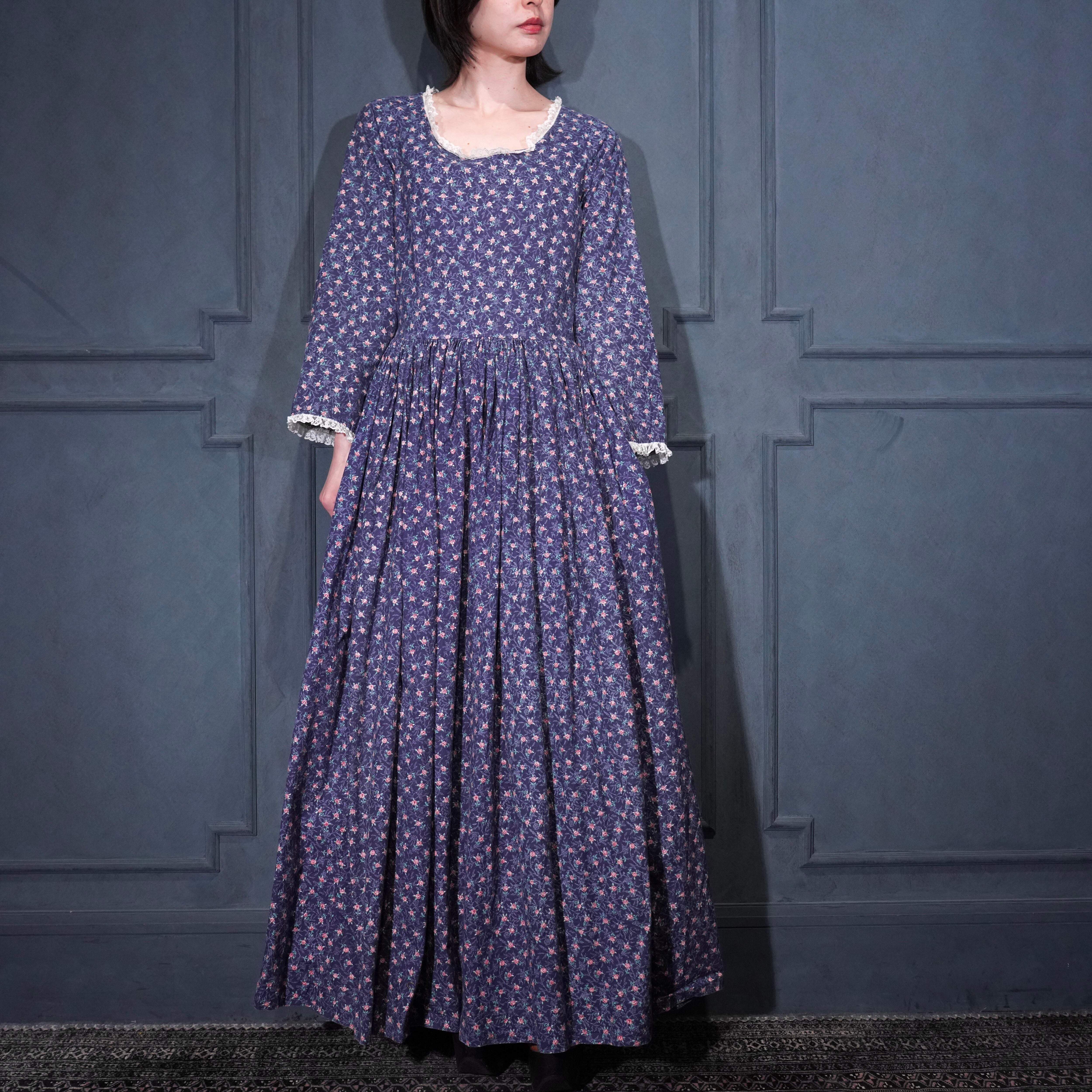 70's USA VINTAGE FLOWER PATTERNED LACE DESIGN COTTON DRESS ONE