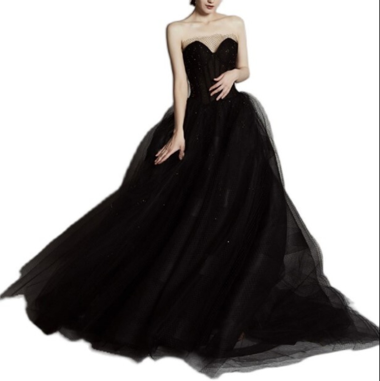 高品質！ パーティードレス 黒 ベアトップ エレガント 細見え  