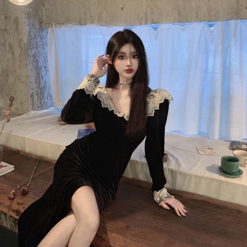 ドレスレディースフレンチレトロヘップバーンスタイルレースステッチミドル丈スカート2020秋冬新作長袖スプリットスカート ブラックストロベリース41943236701