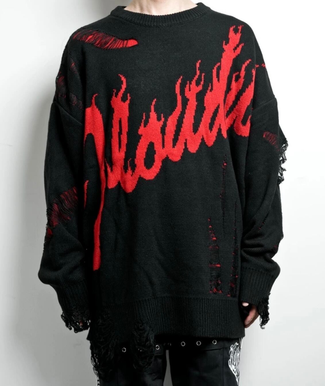 【Backstage pass】(バックステージパス) MONTEREY(モントレー)ロゴジャガード オーバーサイズ ダメージニット  NGS2304  ロンティー ユニセックス サブカル 地雷系