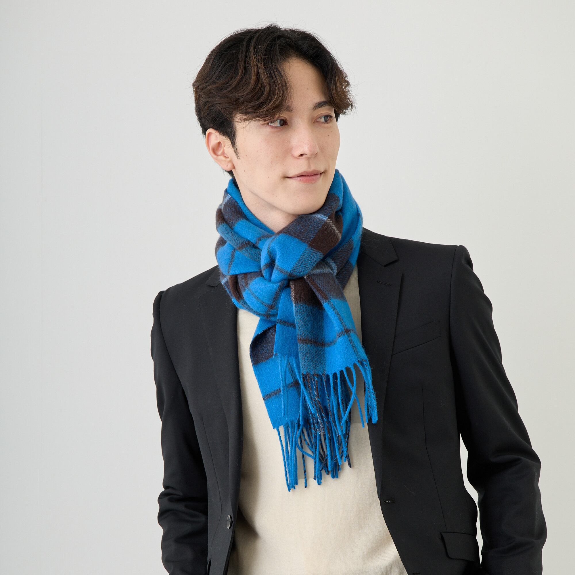 Elensia】カシミヤブレンドチェックマフラー <ブルー> | Elensia