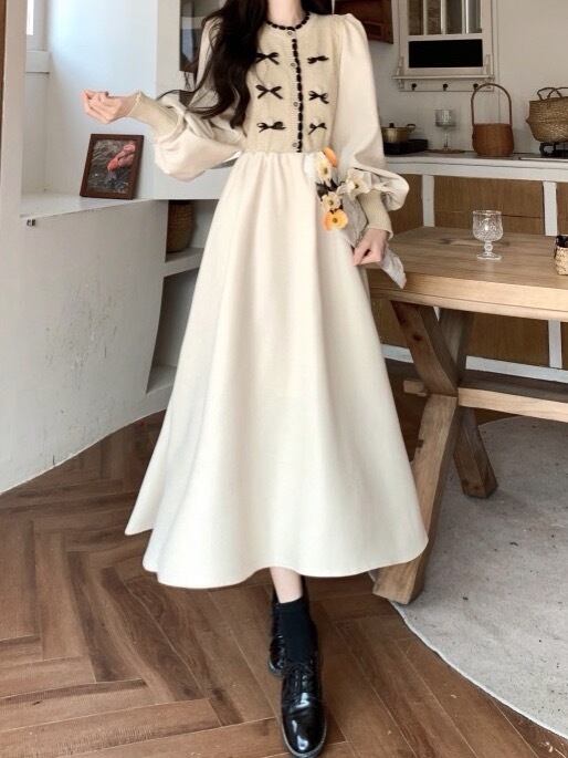 少女の愛らしさと大人の気品を纏う フレンチガーリーリボンワンピース デート お洒落 レトロ かわいい 清楚 Aライン 体型カバー 大きいサイズ 韓国 CH10383