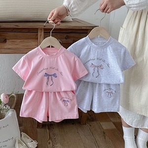 【BABY&KID】夏作韓国雰囲気リボンプリントTシャツ&ショーツ2点セット