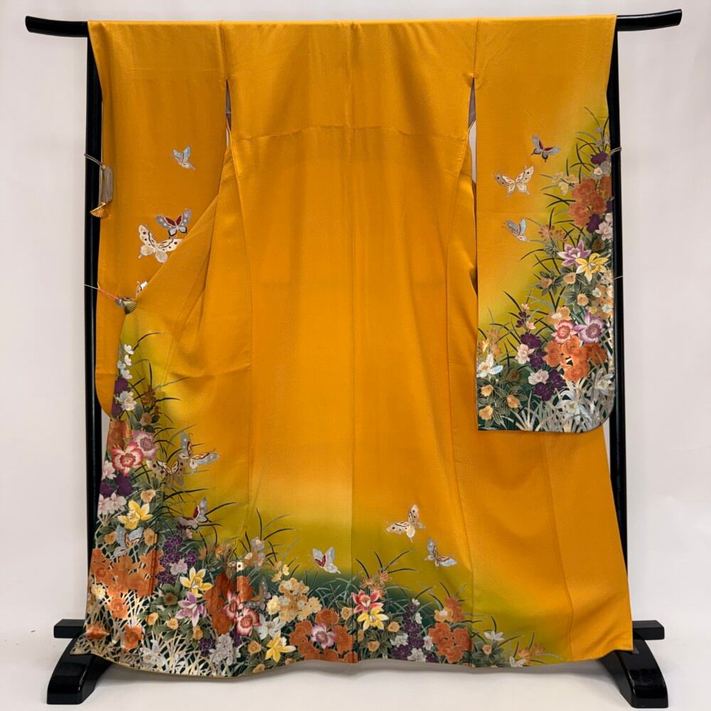 振袖 中古 黄色 正絹 古典 裄66.7cm 身丈168.5cm 美品 M サイズ 成人式 6167