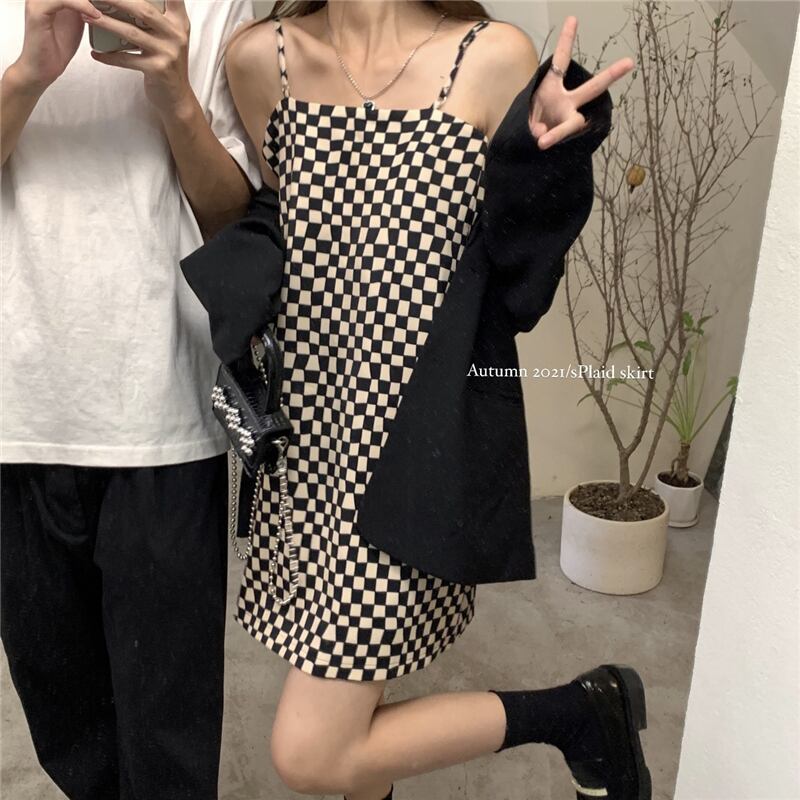 ノースリーブ薄手格子柄ドレス サマースタイルショート 大人ガーリー スウィート キュート カジュアル 夏物 モンロー39480659874