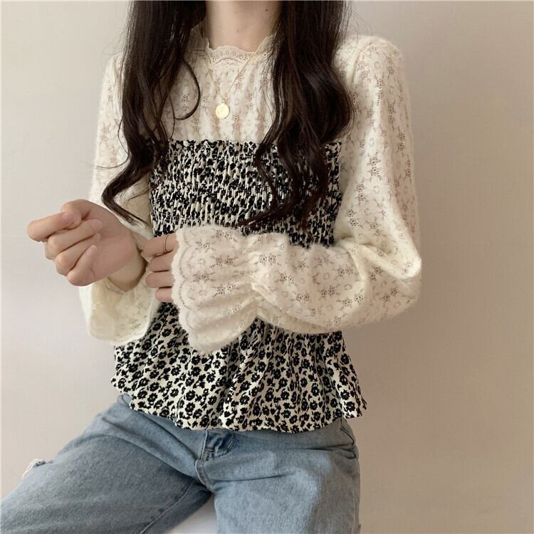 フローラルシャツ オータムスタイルウェストスリムトップス 秋物 花柄 1号婦人78090939844