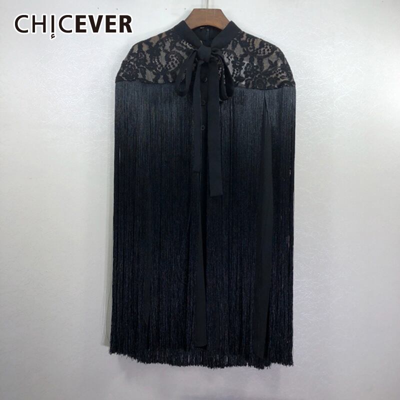 CHICEVERブラックテルケープシャツ女性包帯パッチワークレースロングブラウストップス2020秋 オータム 秋物 6base513657609273