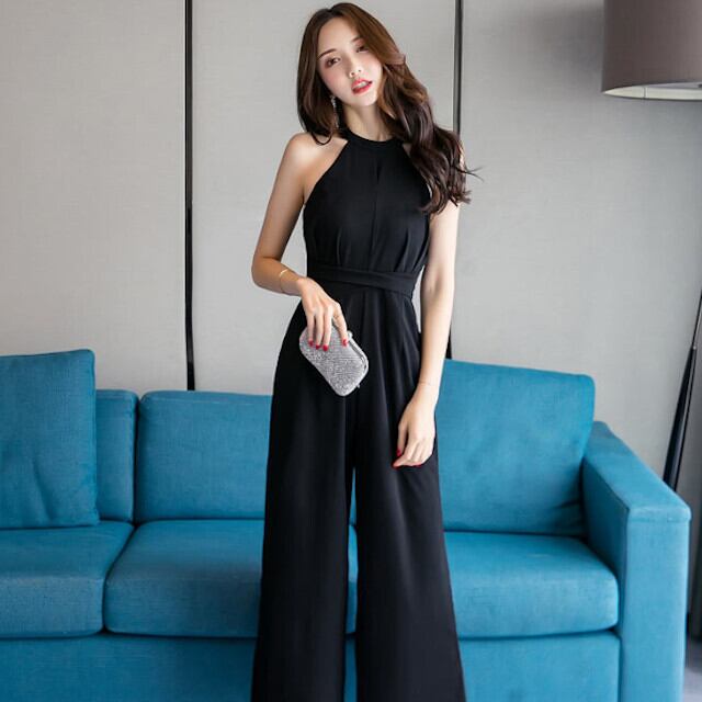 ジャンプスーツ レディース ホルターネック ウエストリボン ワイドパンツ ブラック/レッド S/M/L