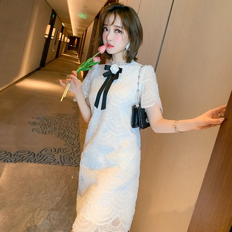 プリーツカラーリボンレースドレス サマー 夏物 MIUCO75701261071