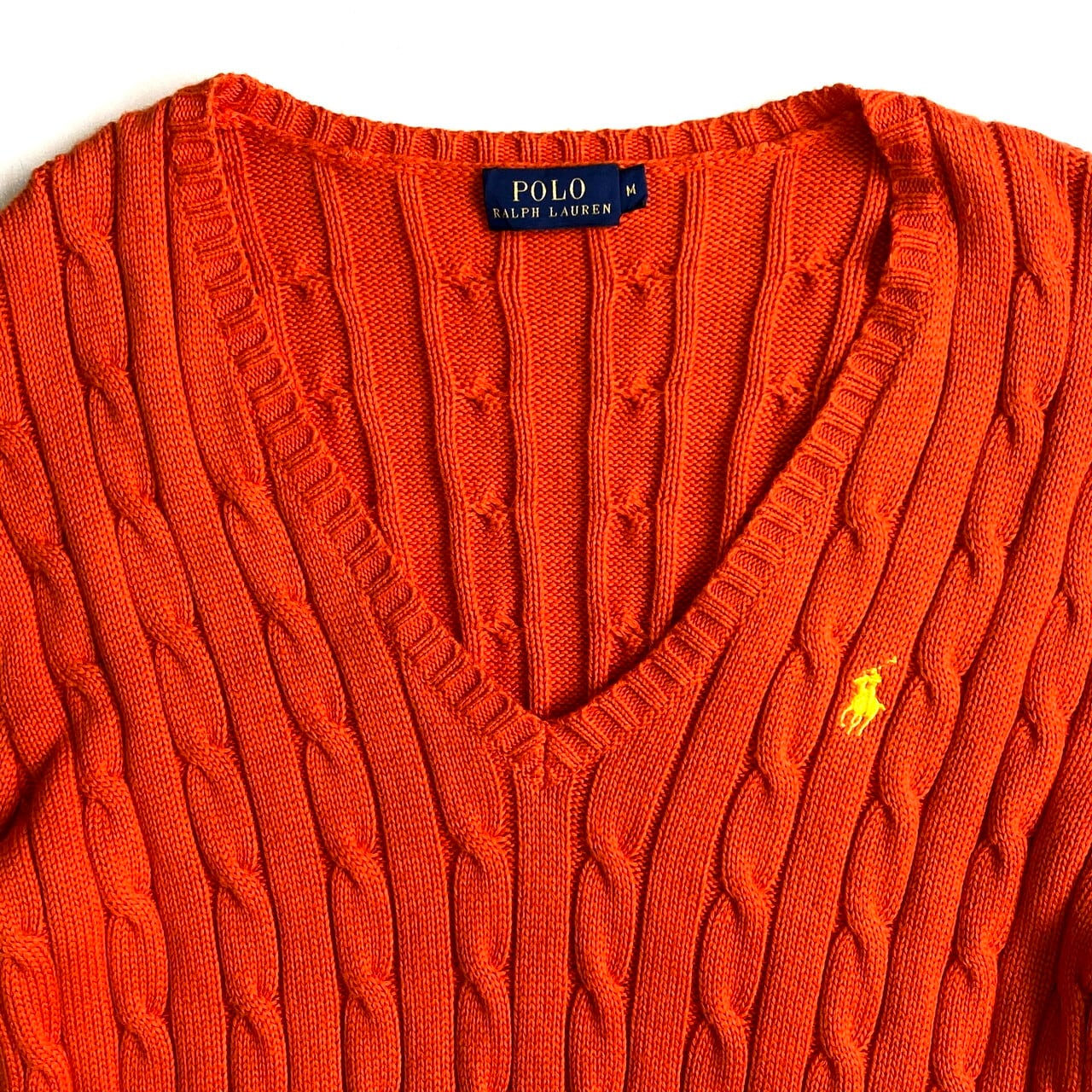 POLO Ralph Lauren ポロ ラルフローレン ケーブル編み Vネック コットンニットセーター レディースM 古着  オレンジ【ニットセーター】【WS2201】 | cave 古着屋【公式】古着通販サイト