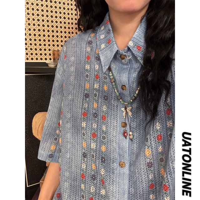 ❀ネックレス付き透かし彫りシャツ！【UATONLINEシリーズ】★シャツ★ 2color ユニセックス レトロ トップス 半袖シャツ エスニック風