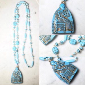 antique c1920 turquoise pendant & beads chain necklace “Egyptian Revival”