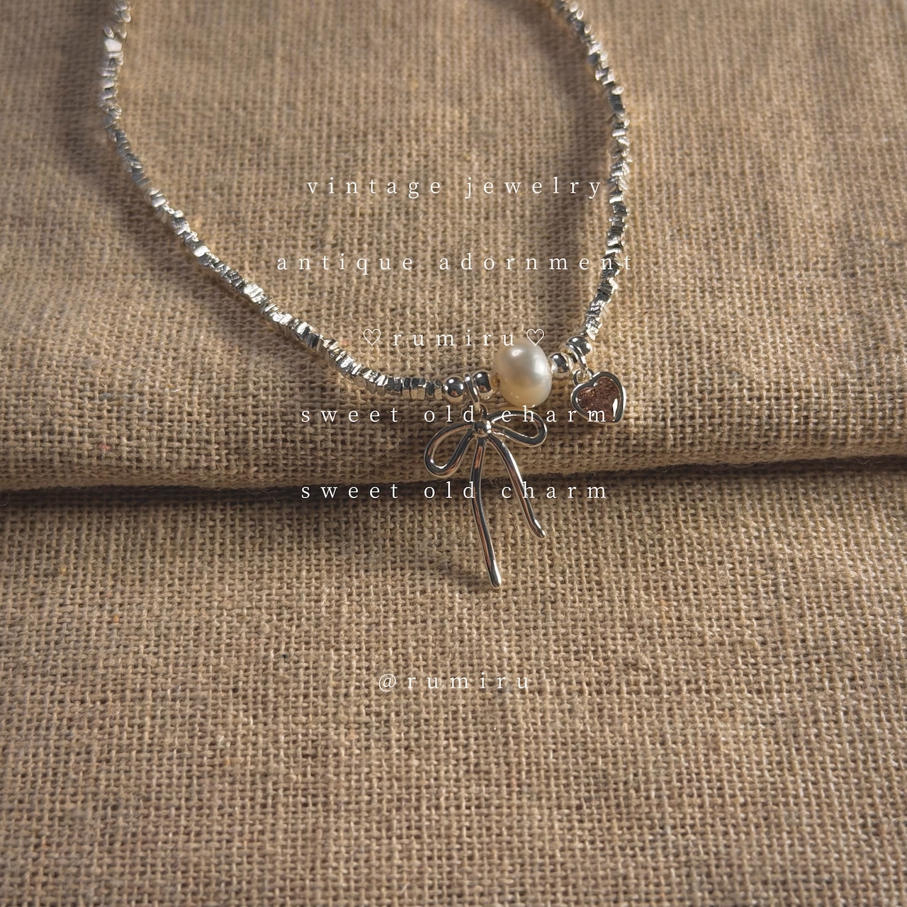 ハンドメイド ヴィンテージ リボンハート パール シルバー 手作り ネックレス - 1