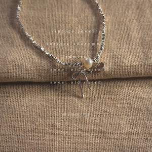 ハンドメイド ヴィンテージ リボンハート パール シルバー 手作り ネックレス