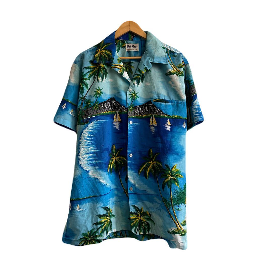 メンズ 80s L.L.Bean マップ コットン 開襟 半袖 ボックスシャツ USA製