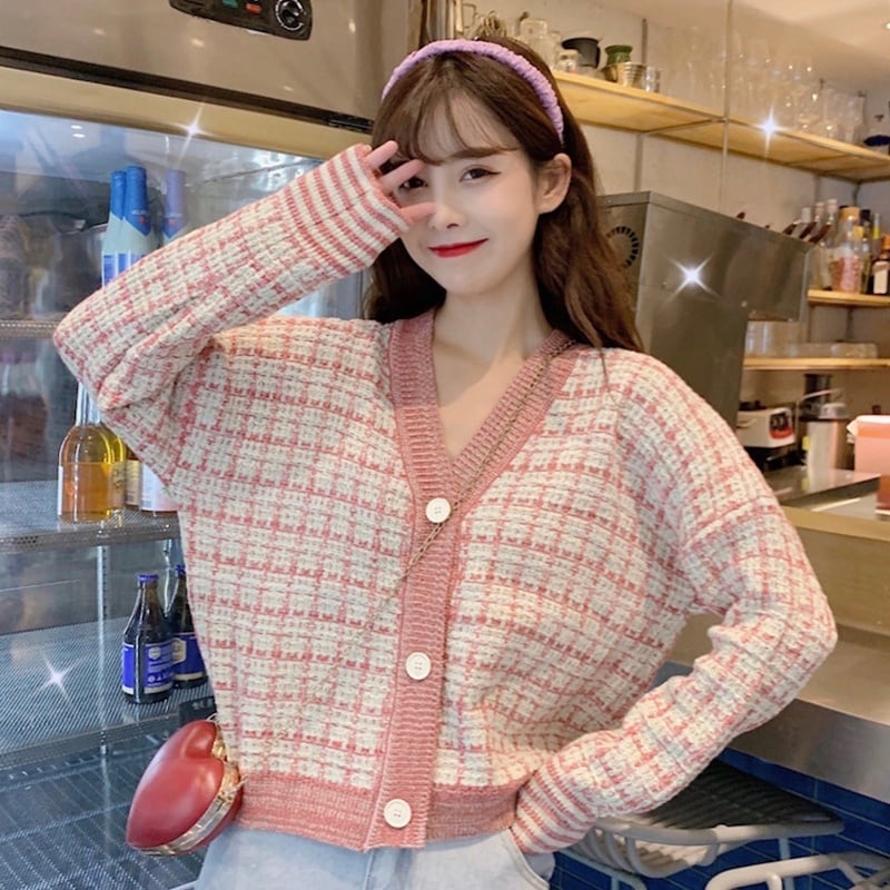 モテかわ ツイード風 ニット チェック カーディガン トップス フェミカジ デート 女子会 モテ服 コーデ こなれ女子 Lamitte Deco トレンド 韓国ファッション ショップ Base店