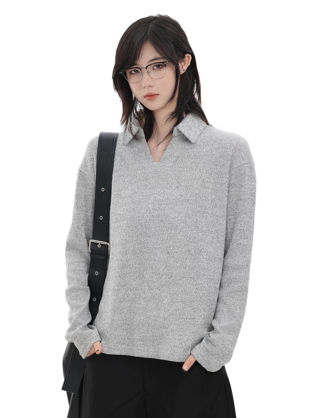 ミニマルカラーネックトップ / Minimal Collar V-Neck Top